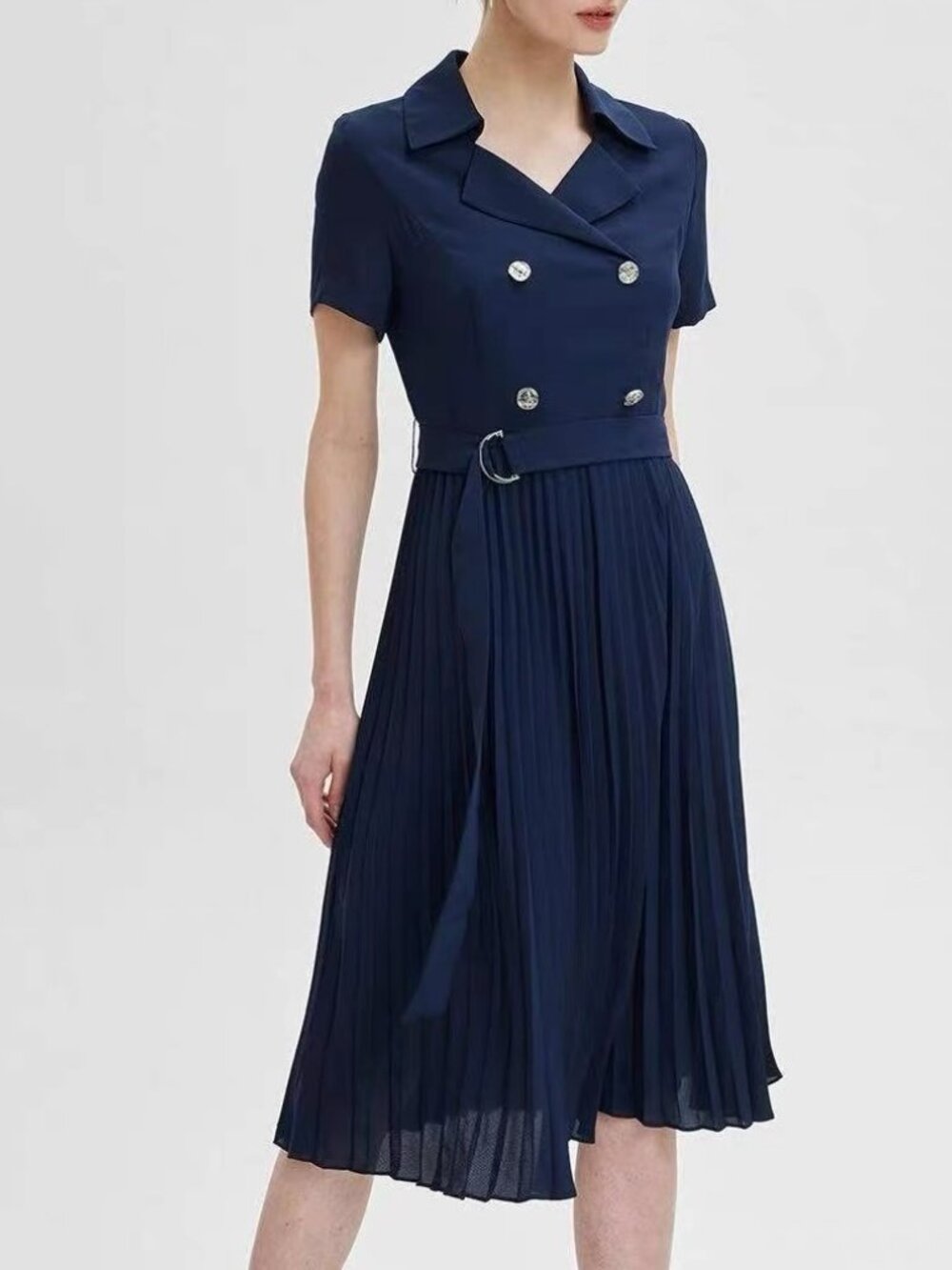 Blue Navy Pleated Midi Dress Short Sleeve - Prich